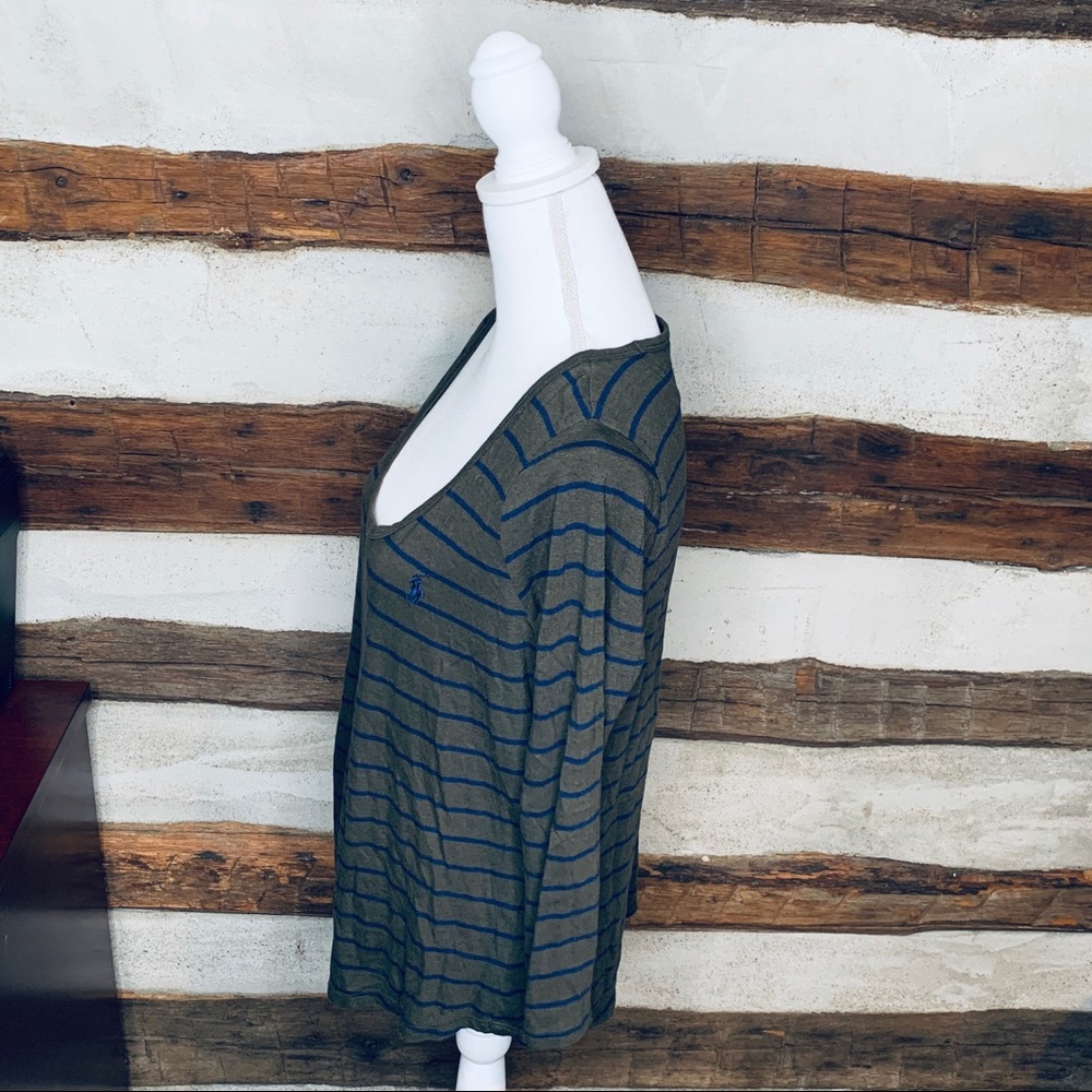 Ralph Lauren Navy Blue & Green striped Scoop Neck top, 3/4 sleeves, Cotton, LG - Picture 2 of 6